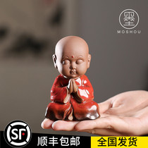 Mo Shou little monk tea pet ornaments cute Purple sand little monk Chinese Zen root carving decoration