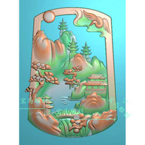 Computer Engraving Emerald Jade Sculpture Picture Landscape Card Recessed Bottom Finely Carved Landscape Characters Sign Small Bridge Flowing Water Mountain Peak Tower