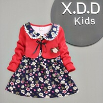 2018 New girls dress autumn 2-3-4-5 big red floral long sleeve knitted childrens dress