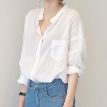 Now South Korea East Gate Leisure stand collar long linen shirt women thin sunscreen long sleeve 2021 New