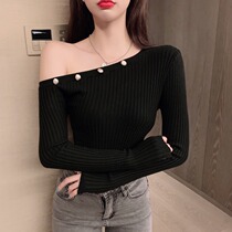 Vanya sexually exposed shoulder blouse female Spring and Autumn new fashion fit long sleeve-tipped knitting black tops