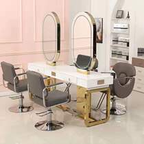 Hairdressing Shop Mirror Desk Double Face Hair Salon Special Solid Wood Haircut Mirror Desk Brief with light Luxurious Hair Shop Bronzing Table