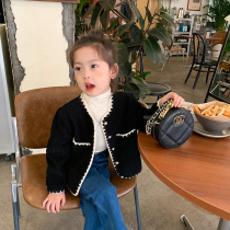 Girl Light Core Suede Jacket 2021 Autumn Winter Han Edition Children Baby Little Fragrant Wind Black & White Temperament Foreign Air Round Collar Blouse
