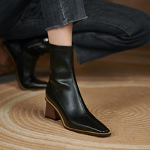Legal Temperament Small Short Boots Female Winter Coarse Heel Short Cylinder Elastic Boots 2022 New Square Head High Heel Spring Autumn Single Boots