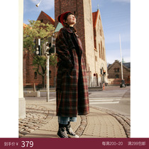 Deer and birds Japanese lapel plaid long woolen coat temperament woolen coat 1921