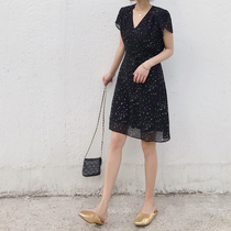 Halo nini floral skirt 2019 spring and summer new little waist slim vneck chiffon dress women