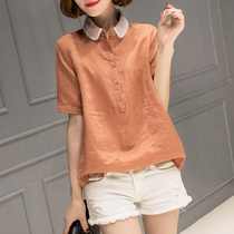 2022 summer new Korean version cotton linen short sleeve shirt woman loose big code doll collar lining jacket head linen blouses