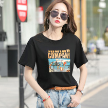 Summer round neck print conventional short sleeve black white yellow cartoon anime purple loose