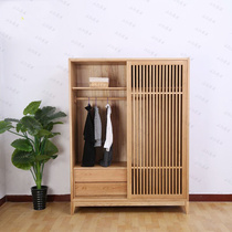 Solid wood oak wardrobe grille push-pull two-sliding door wardrobe log bedroom modern simple Nordic Japanese custom