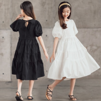 Girls gentle wind white dress 2021 summer big children bubble sleeves waist thin mid-length cake skirt