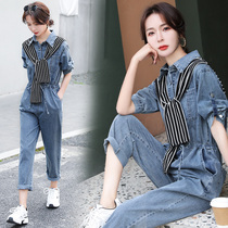 New denim dress striped dress striped shawl splicing high waist display slim down medium length dress Korean version female