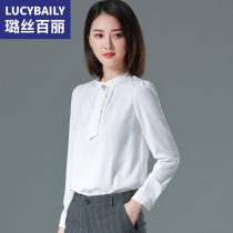 Lusi Belle white shirt Women fashion ribbon loose 2021 spring professional chiffon long sleeve stand collar shirt