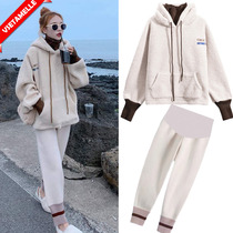 Maternity clothing autumn suit small lamb wool sweater womens velvet thickened autumn and winter wool pants womens pregnant winter clothing