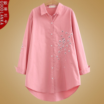 Large size spring dress womens fat mm2019 New loose fat sister long sleeve cover belly slim top embroidered shirt