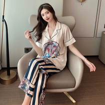 Pajamas women summer thin 2021 new ice silk short sleeve pants stripe trend net red explosions fashion home clothing