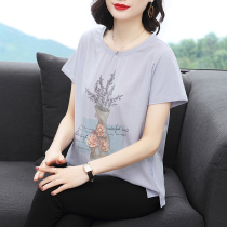 Large code womens clothing T-shirt loose pure cotton short sleeves 2022 summer dress Art and art Embroidered Mother Dress 100 Lap collar blouses