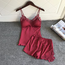 Japanese shorts suit female summer sexy silk thin section of ice ribbon with chest cushion adjustable harness pyjamas two sets