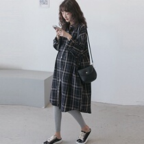 Pregnant woman Autumn dress Large code Lie dress Long sleeve blouse Pregnancy Medium Long Casual Summer Autumn Plaid Shirt Plaid Cardiovert Woman