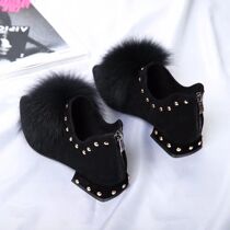 Fall Single Shoe Woman 2021 New coarse heel Custard Winter Plus Suede Low Heel Gross Fur Short Boot Rivet Soft Plush Women Shoes