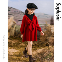 Girls Winter dress 2022 new foreign gas French knitted princess skirt children red sweater skirt winter