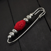 Vintage Vermilion Six Words Miao Silver Ball Brooch Pin Sweater Lucky Ethnic Womens Scarf Sweater Mens Accessories