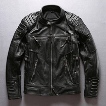 Mens leather Harley leather thickened first layer cowhide leather jacket stand-up collar short biker suit jacket tide brand