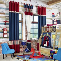  American Mediterranean British childrens room Boys  room Bedroom bay window Red and blue striped curtains Custom childlike buckle