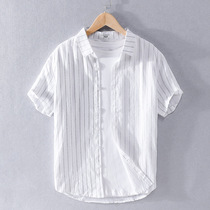 Japanese striped short sleeve linen shirt mens summer trend casual clothes thin cotton linen shirt summer clothes