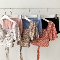 ins Wind small flying sleeve conservative sexy split bikini small chest gathered high waist belly thin student swimsuit female