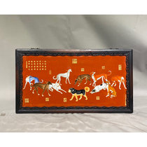 Old frame inlaid porcelain plate painted red bottom pink ten canine picture animal hanging screen-AD6535