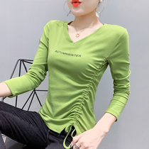 Foreign air sweatshirt woman 2020 new sashimi slim V collar bottom-shirt woman spring fit drawing rope blouses woman long sleeve t-shirt tide