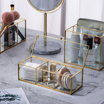 Brass three-grid glass cosmetics storage box with lid Transparent cosmetic box Puff cotton home decoration