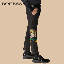 BOERSS boys casual pants embroidered tiger children slim trousers big children pants plus stretch pants autumn and winter Korean