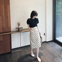 Polo point chiffon skirt womens summer thin temperament high waist thin bag hip skirt high sense a-shaped skirt set