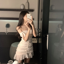 OKMA one-shoulder dress female summer sexy off-the-shoulder waist thin short skirt white hot girl suspender skirt