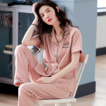 Womens summer pajamas cotton short-sleeved trousers can be worn thin middle-aged mother summer womens home wear suit