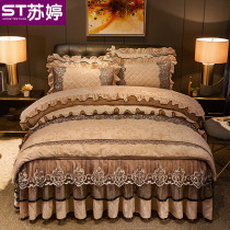  Korean lace bed skirt three or four-piece thick padded cotton non-slip double bed cover Winter bed cover 1 5 1 8m2 meters