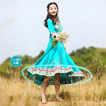 Indian imported one-piece dress female ethnic wind round collar Long sleeves Long sleeves Large Pendulum Skirt with waist-shaped peacock blue