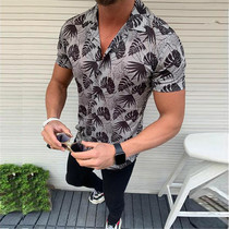 Men Summer Gray Leopard Printed Short Sleeve Casual Shirt