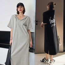 2021 summer fat mm short-sleeved dress long large size V-neck hooded short-sleeved casual fashion loose long dress for women