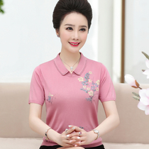 Middle-aged female blouses mother summer fitted with short sleeve T-shirt for older people ice-silk half-sleeve-knitted sweatshirt
