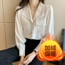 Shirt Woman Autumn Winter Plus Suede Thickened Pocket Retro Harbor Wind Lining Blouse 100 Hitch 2021 New Grindroe Korean version