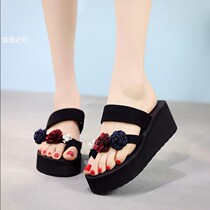 Flower high-heeled set-toed flip-flops wear fashion cool slippers Women wear muffin beach beach slippers outside summer 