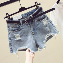 South Korea 2021 summer new hole denim shorts female Korean fashion Joker high waist slim loose leg tide