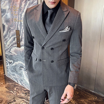 Double-row buttoned suit Mens suit Korean version trend Thing up Inn Wind Business Leisure Fashion Handsome gas grid Western-style clothes Men s