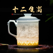 Jingdezhen ceramic hand carved exquisite office cup with cover Zodiac tea cup Drinking cup Conference cup tea set