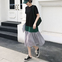 European summer new color chiffon stitching hem loose size long knee T-shirt dress