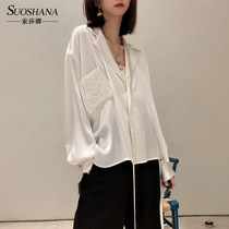 2021 autumn summer new imported high grade sense satin streamer White French shirt top female three acetic acid tide loose