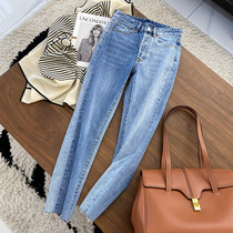 Textbook washed shades of blue high-waisted straight leg burr cropped pants Fashionable color-matching jeans