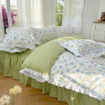 Spring bed four pieces of pure cotton all-cotton Korean style lace quilt cover with four sets of bed-bed dress quilts by hood-princess wind